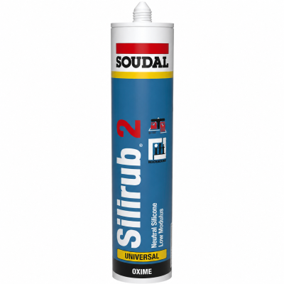 Tubo de silicone azul e branco da marca SOUDAL com texto multicolorido