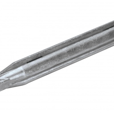 Suporte metálico prateado alongado com orifício cilíndrico numa extremidade