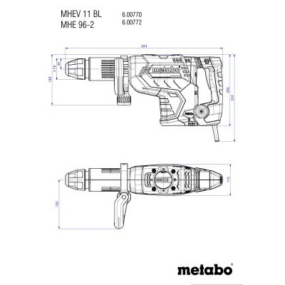 Desenho técnico da furadeira elétrica Metabo com dimensões e texto