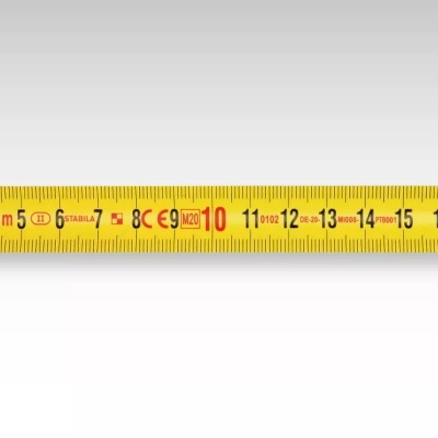 Fita métrica amarela com marcações e ponteira metálica