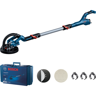 Esmerilhadora de parede Bosch Professional azul e preta com acessórios e mala de transporte.