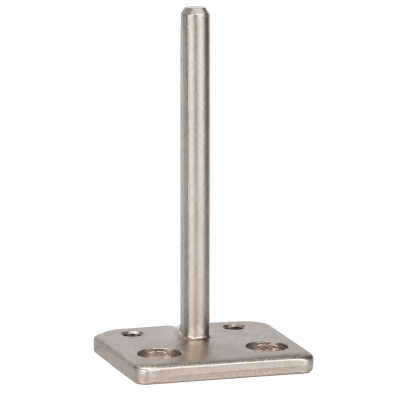Suporte metálico prateado com base quadrada e haste vertical cilíndrica