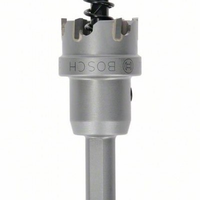 Broca de aço com coroa serrilhada cinzenta e mola preta, marca BOSCH, sobre fundo branco