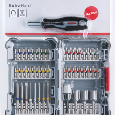 Conjunto de ferramentas BOSCH ExtraHard com cabo e várias pontas organizadas em estojo plástico