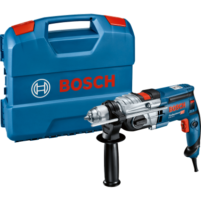 Máquina de perfuração BOSCH Professional azul com caixa de transporte azul.