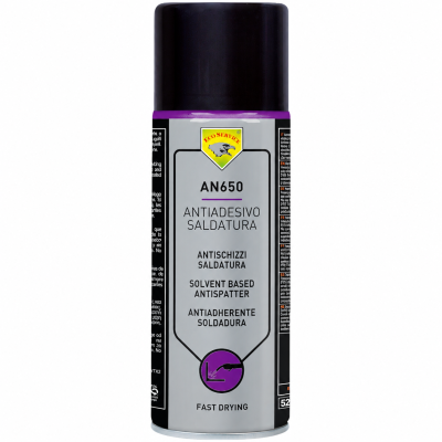 Lata de spray antiadesivo para soldadura, cinzenta com tampa preta e texto informativo.
