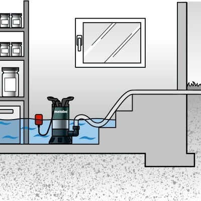 Bomba submersível Metabo para água em piscina interior com prateleira e janela
