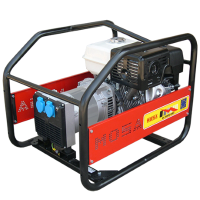 Gerador portátil com estrutura preta e laterais vermelhas e tomadas azuis