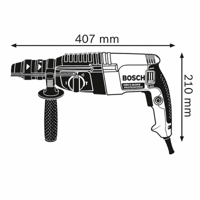 Ferramenta elétrica Bosch GBH 2-26 DFR Professional com pegador lateral preta e corpo cinza e preto com medidas 407 mm x 210 mm