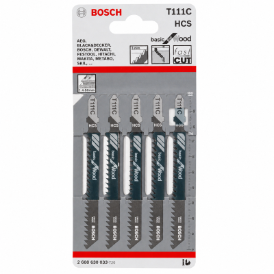 Pack de cinco lâminas para serra tico-tico Bosch T111C HCS para madeira em cartão