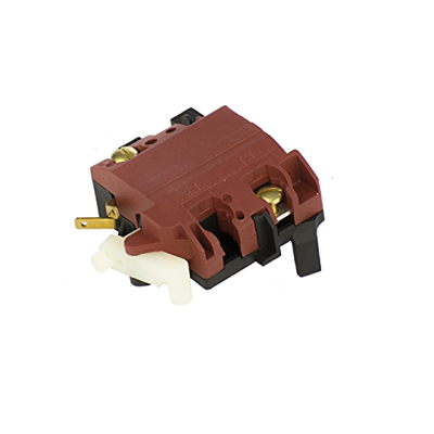 Interruptor elétrico castanho e preto com componentes metálicos e plásticos