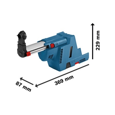 Dispositivo azul marca Bosch com detalhes em preto e vermelho e medidas indicadas
