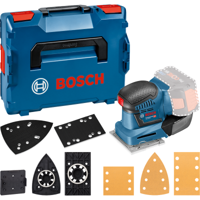 Conjunto de lixadora elétrica Bosch azul com estojo e acessórios