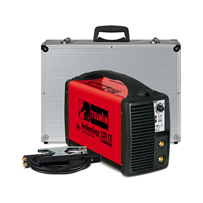 Máquina de soldar Telwin vermelha e preta com cabos e estojo de alumínio