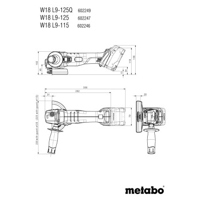 Desenho técnico de ferramenta elétrica com dimensões e texto de produto Metabo.