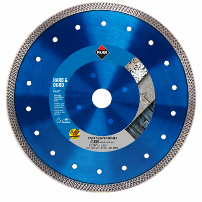Disco de corte azul para materiais duros marca RUBI com texto informativo
