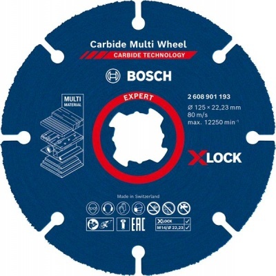 Disco de corte BOSCH Carbide Multi Wheel azul com texto técnico e logótipos
