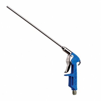 Pistola de ar azul com cabo de plástico e tubo metálico longo.