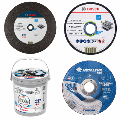 Rebolos de corte para metal Bosch e Metaglynx com um balde Bosch à parte.