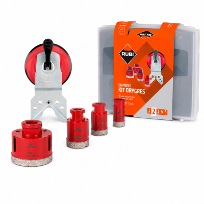 Conjunto de coroas diamantadas RUBI DIAMOND KIT DRYGRES com suporte e embalagem.