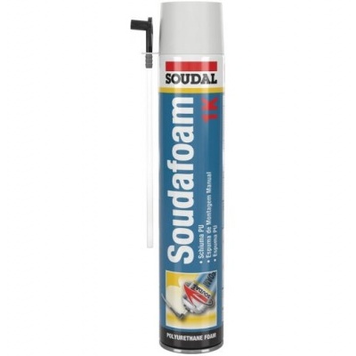Lata de espuma expansível Soudal Soudalfoam K azul e branca com aplicador.