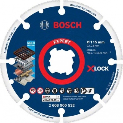 Disco de corte Bosch Expert XLOCK azul com texto e imagens técnicas