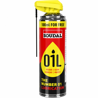 Frasco metálico de óleo em spray SOUDAL com tampa amarela