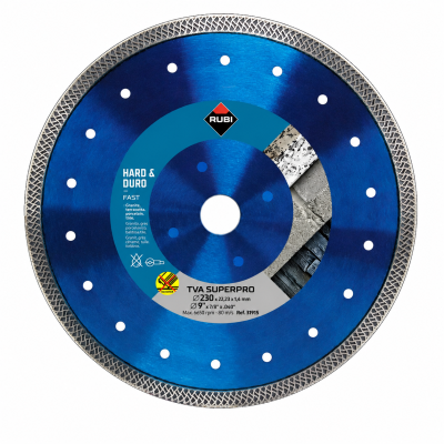 Disco de corte azul metálico com etiqueta central informativa