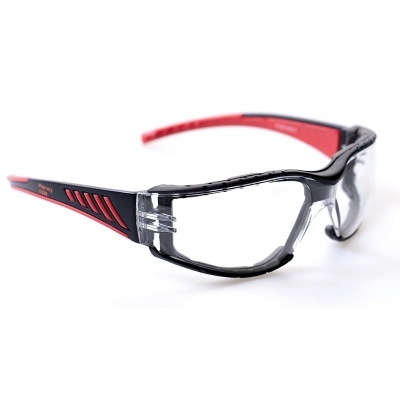 Óculos de proteção preto e vermelho com lentes transparentes