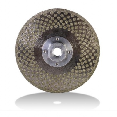 Disco de corte metálico circular com padrão de pontos dourados e centro prateado