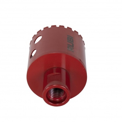 Serra coroa metálica vermelha com rosca interna e inscrições pretas