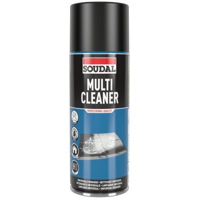 Aerosol MULTI CLEANER da SOUDAL com embalagem preta e azul