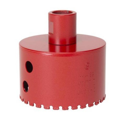 Serra-copo metálica vermelha com borda dentada e dois orifícios laterais