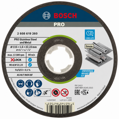 Disco de corte Bosch PRO para aço inoxidável e metal com dimensões e especificações técnicas