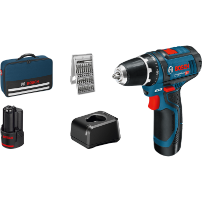 Conjunto de furadeira Bosch profissional com bateria, carregador, pontas e bolsa de transporte