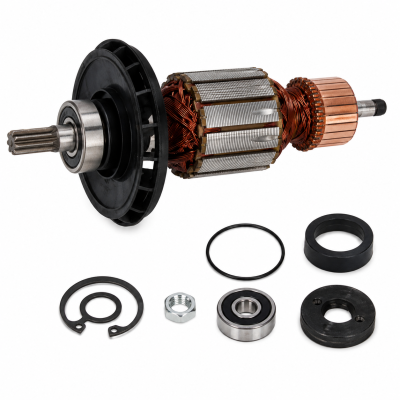 Rotor de motor elétrico com componentes acessórios em fundo branco
