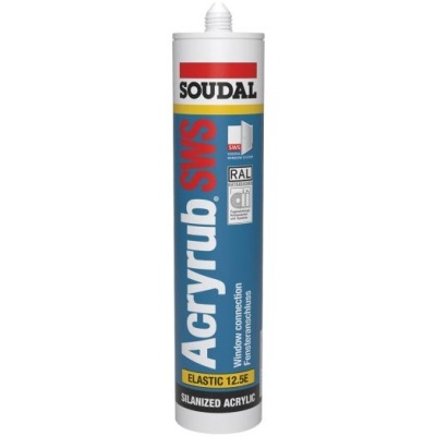 Produto em embalagem cilindrica branca com rótulo colorido da marca SOUDAL, texto Acryrub SYS e ELASTIC 12.5E.
