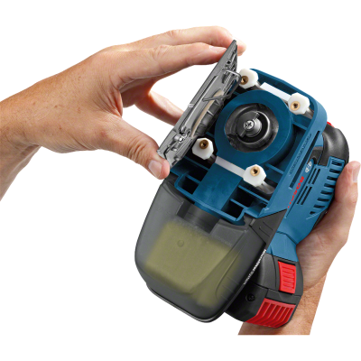 Máquina de cortar azul e preta com tampa frontal removível