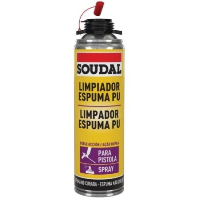 Lata metálica de limpador de espuma PU Soudal com tampa preta e vermelho