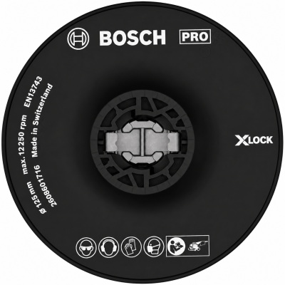Disco preto Bosch PRO para ferramentas, com texto e ícones de segurança.