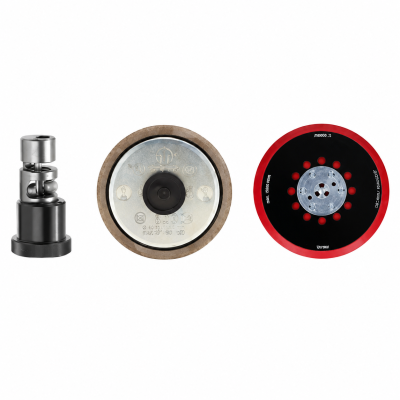 Três acessórios para ferramentas eléctricas em metal e plástico, pretos, vermelhos e cinzento, com texto visível.