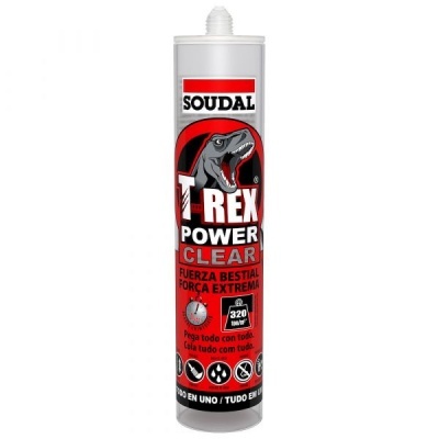 Embalagem tubular branca, vermelha e preta de produto adesivo T-REX POWER CLEAR da marca SOUDAL