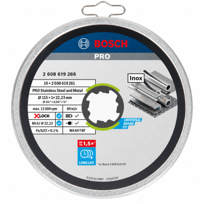 Disco de corte Bosch PRO para metal e aço inoxidável, rótulo com detalhes técnicos