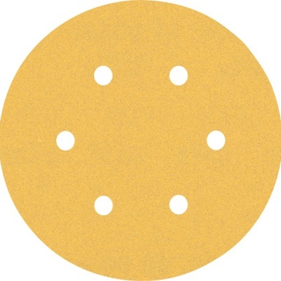 Disco abrasivo circular amarelo com seis furos.