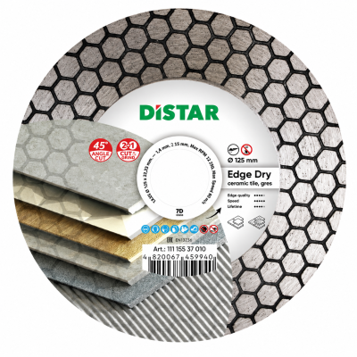 Disco de corte para cerâmica e gres com padrão hexagonal e etiqueta com informações do produto