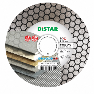 Disco de corte diamantado DISTAR para cerâmica e gres com padrão hexagonal e etiquetas de instruções