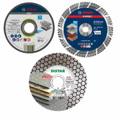 Três discos de corte para ferramentas elétricas, dois Bosch e um Distar, com especificações técnicas visíveis