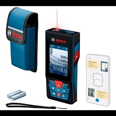 Medidor a laser BOSCH com estojo azul e smartphone branco
