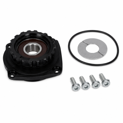 Conjunto de peças mecânicas com rolamento, anel O-ring, disco metálico e parafusos.
