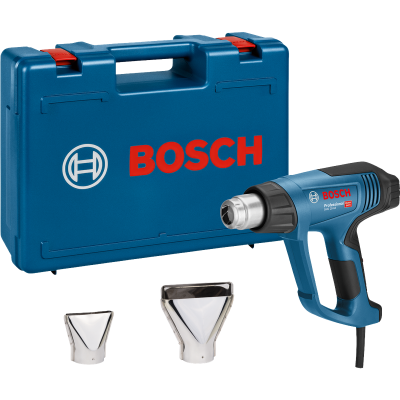 Pistola de ar quente Bosch Professional azul com duas bocas metálicas e estojo plástico azul com logo BOSCH
